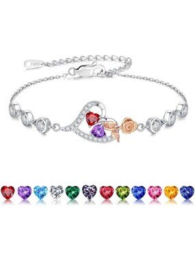 Women's Red Purple Heart Silver Birthstone Anniversary Birthday Gift Bracelets